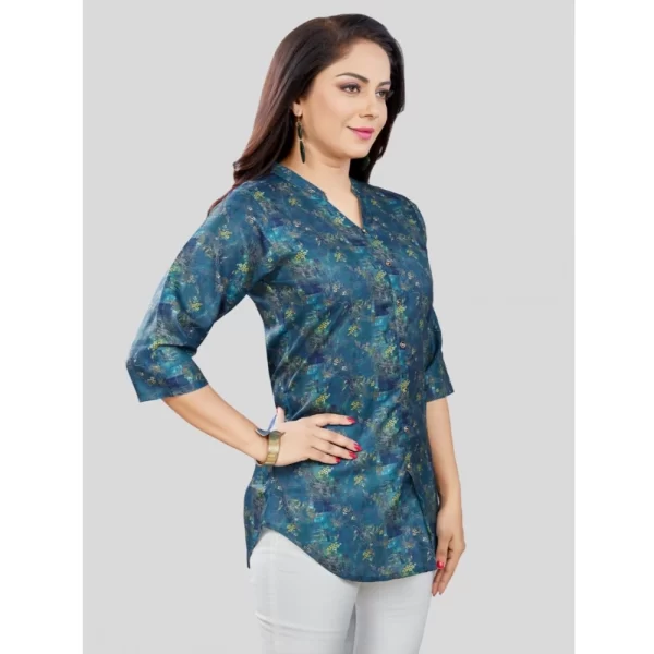 Women's Cotton Blend Mandarin Collar 3/4 Sleeves Short Top (Blue)
