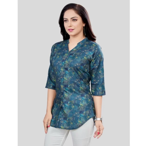 Women's Cotton Blend Mandarin Collar 3/4 Sleeves Short Top (Blue)