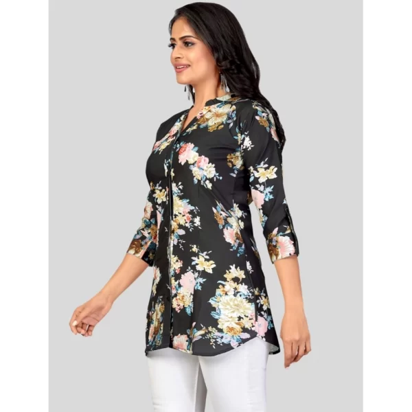 Women's Poly Crepe Mandarin Collar 3/4 Sleeves Short Top (Black)