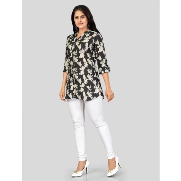 Women's Poly Crepe Mandarin Collar 3/4 Sleeves Short Top (Black)