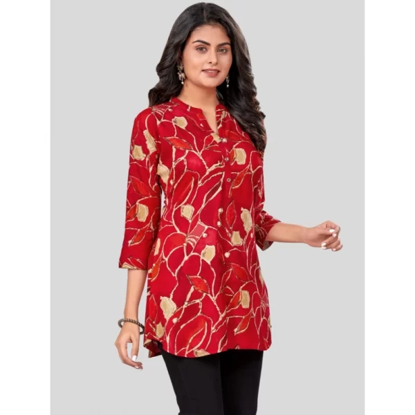 Women's Rayon Mandarin Collar 3/4 Sleeves Short Top (Red)