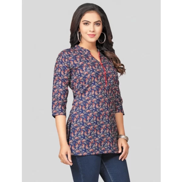 Women's Cotton Blend Mandarin Collar 3/4 Sleeves Short Top (Blue)