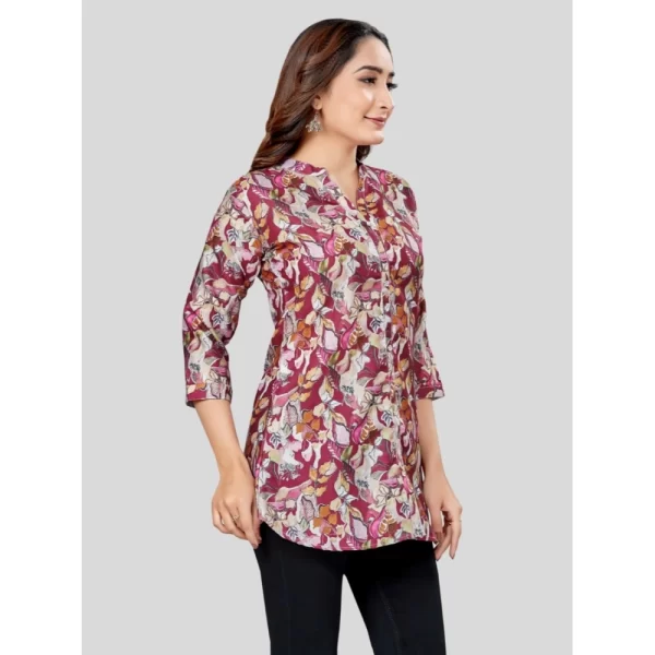 Women's Cotton Blend Mandarin Collar 3/4 Sleeves Short Top (Burgundy)