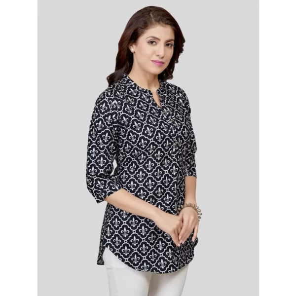 Women's Poly Crepe Mandarin Collar 3/4 Sleeves Short Top (Black)