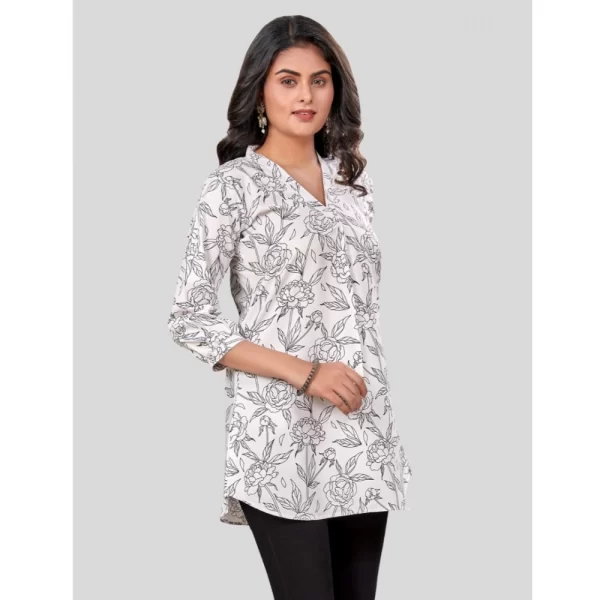 Women's Poly Crepe Chinese Collar 3/4 Sleeves Short Top (Black-White)