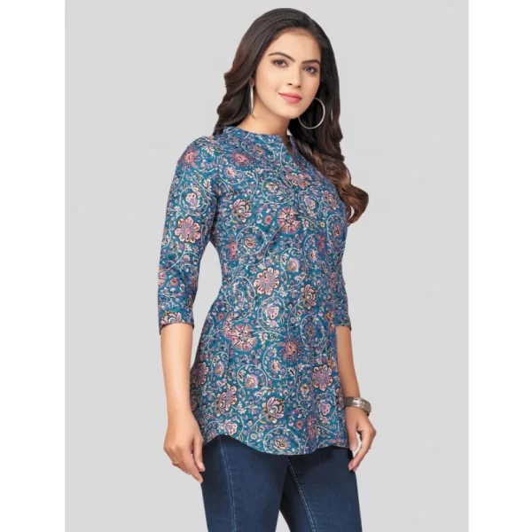 Women's Cotton Blend Mandarin Collar 3/4 Sleeves Short Top (Blue)