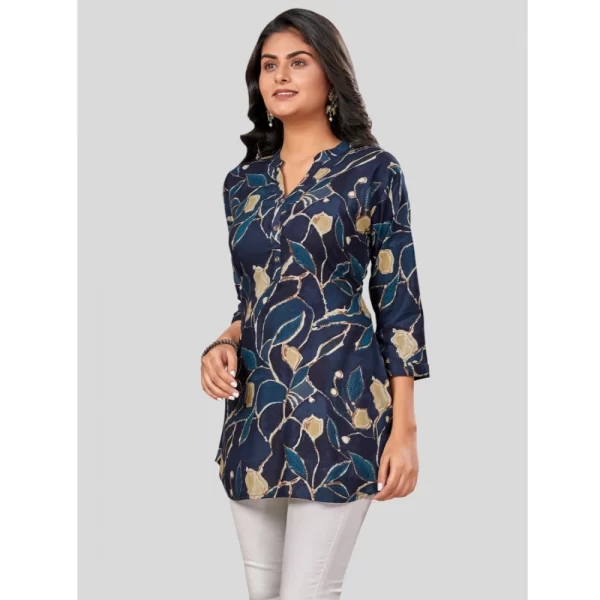 Women's Rayon Mandarin Collar 3/4 Sleeves Short Top (NavyBlue)