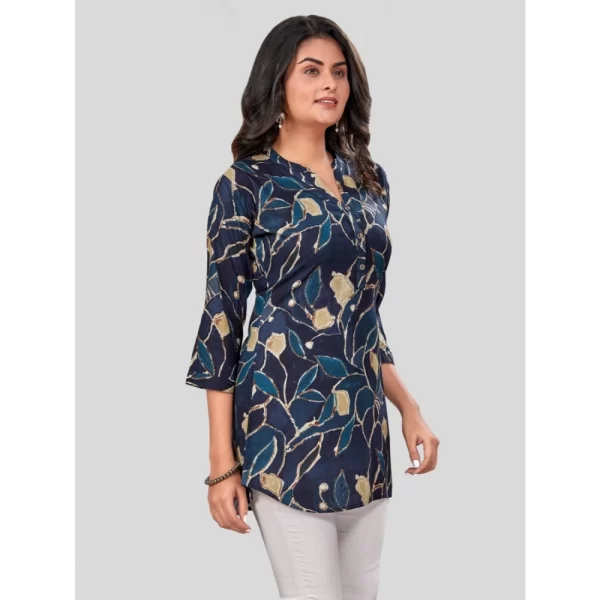 Women's Rayon Mandarin Collar 3/4 Sleeves Short Top (NavyBlue)