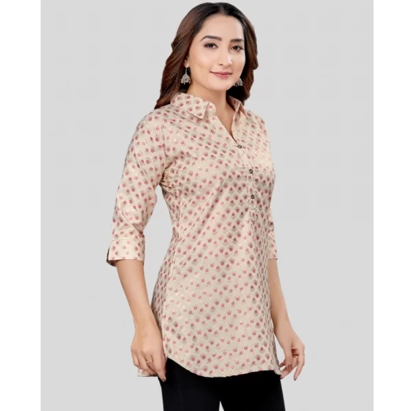 Women's Cotton Blend Collared Neck 3/4 Sleeves Short Top (Cream-Red)