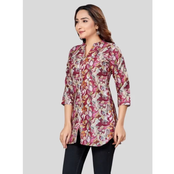 Women's Cotton Blend Mandarin Collar 3/4 Sleeves Short Top (Burgundy)