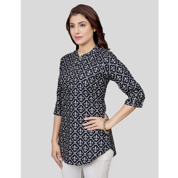 Women's Poly Crepe Mandarin Collar 3/4 Sleeves Short Top (Black)