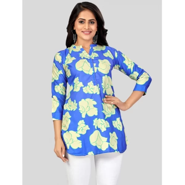 Women's Poly Crepe Mandarin Collar 3/4 Sleeves Short Top (Blue)