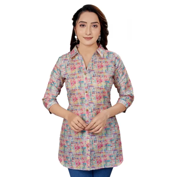 Women's Cotton Blend Collared Neck 3/4 Sleeves Short Top (Multicolor)