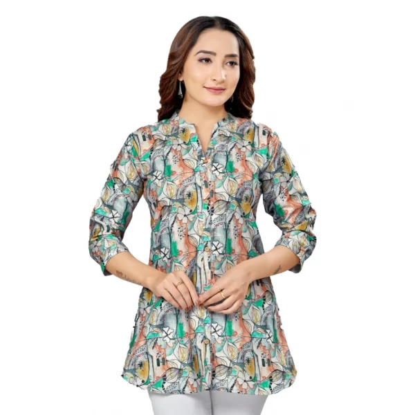 Women's Cotton Blend Mandarin Collar 3/4 Sleeves Short Top (Grey)