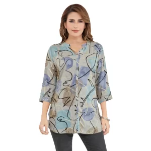 Women’s Rayon Mandarin Collar 3/4 Sleeves Short Top (Grey) – M
