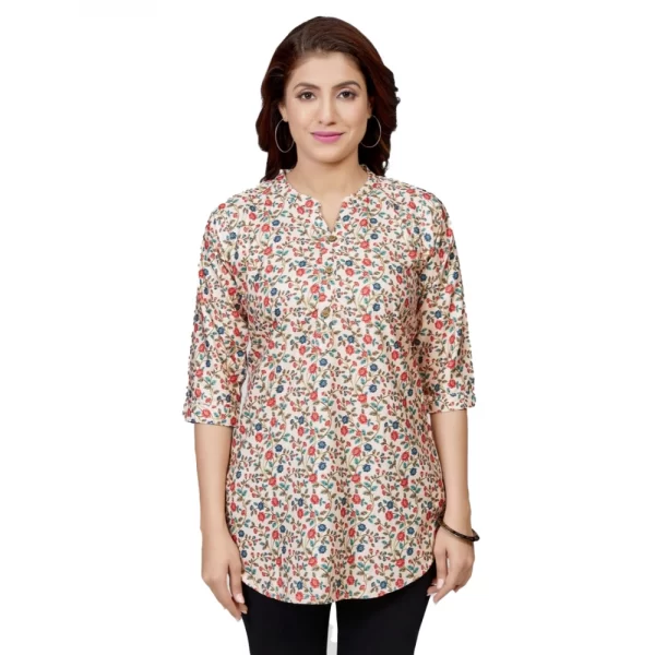 Women's Poly Crepe Mandarin Collar 3/4 Sleeves Short Top (Beige)