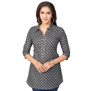Generic Women’s Cotton Blend Mandarin Collar 3/4 Sleeves Short Top (Black) – S