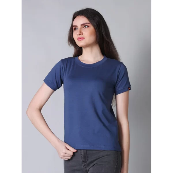 Women's Cotton Blended Solid Round Neck Half Sleeve T-Shirt (Blue)