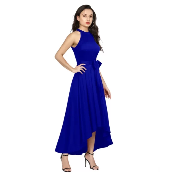 Women's Polyster Solid Halter Neck Sleeveless Dress (Royal Blue)
