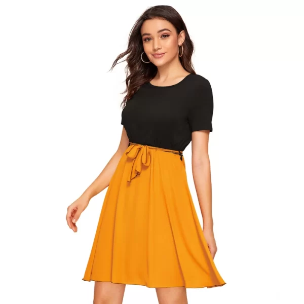 Women's Knitting stretchable Solid Round Neck Cap Sleeve Dress (Yellow)