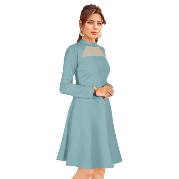 Women's Knitting stretchable Solid Round Neck Full Sleeve Dress (Pista)