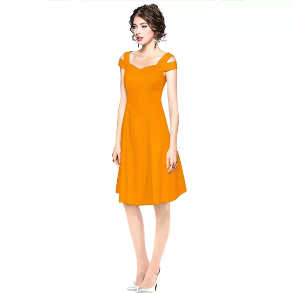 Women's Polyester Solid V Neck Cap Sleeve off Shoulder Dress (Yellow)