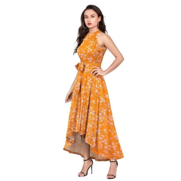 Women's Polyester Printed Halter Neck Sleeveless Dress (Yellow)