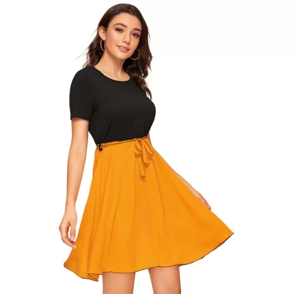 Women's Knitting stretchable Solid Round Neck Cap Sleeve Dress (Yellow)