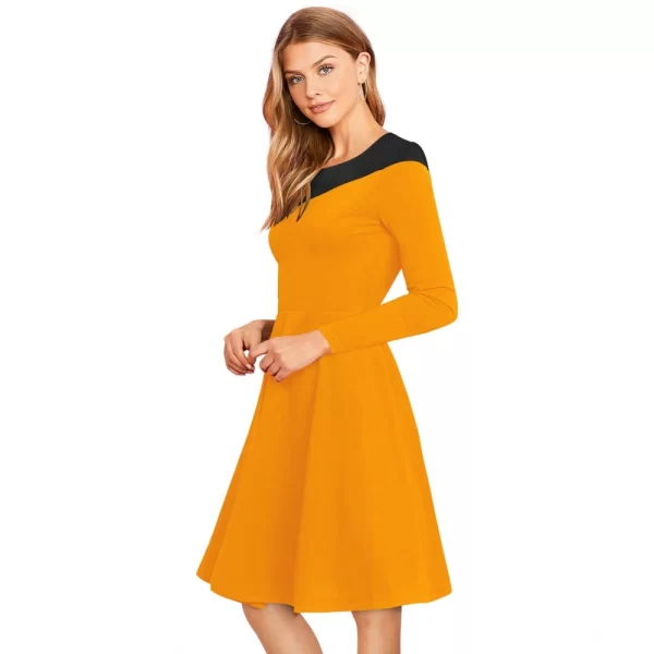 Women's Knitting stretchable Solid Round Neck Full Sleeve Dress (Yellow)