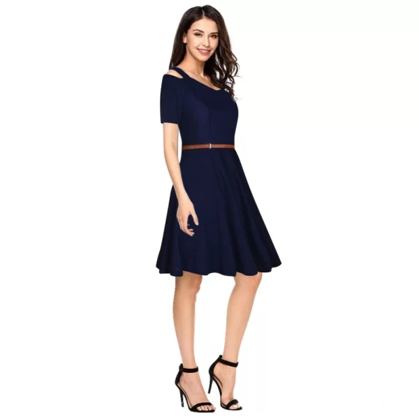 Women's Polyester Solid V Neck Cap Sleeve Dress (Blue)