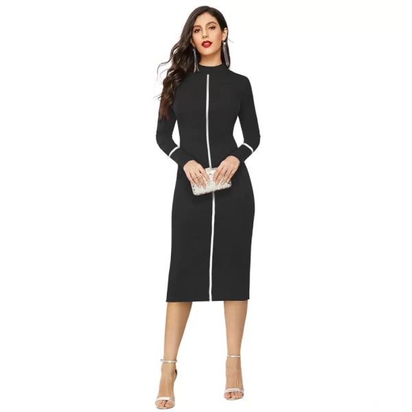 Women's Knitting stretchable Solid Round Neck Full Sleeve Dress (Black)