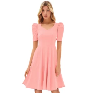 Generic Women’s Knitting stretchable Solid V Neck Cap Sleeve Dress (Peach)