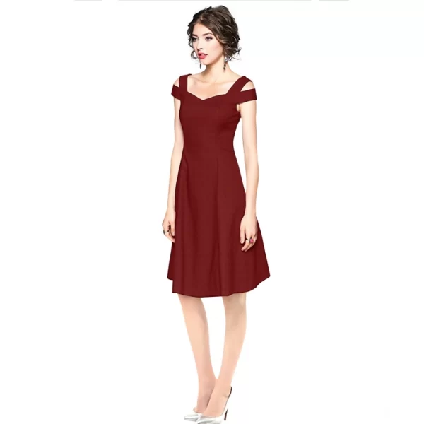 Women's Polyester Solid V Neck Cap Sleeve off Shoulder Dress (Maroon)