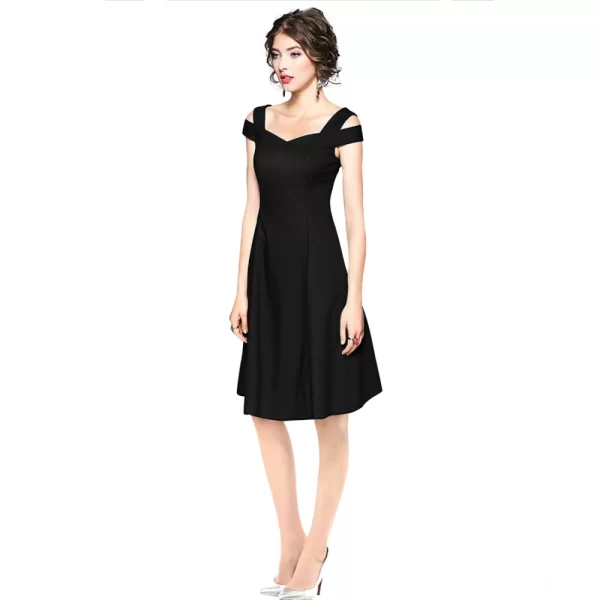 Women's Polyester Solid V Neck Cap Sleeve off Shoulder Dress (Black)