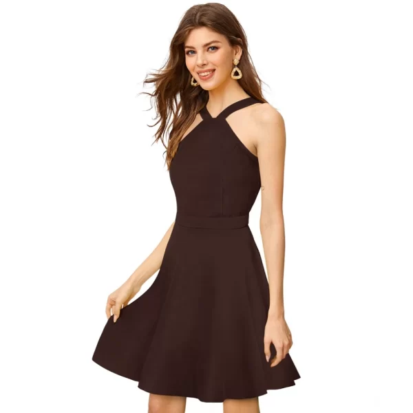 Women's Knitting stretchable Solid Halter Neck Sleeveless Dress (Coffee)