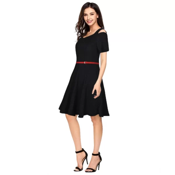 Women's Polyester Solid V Neck Cap Sleeve Dress (Black)