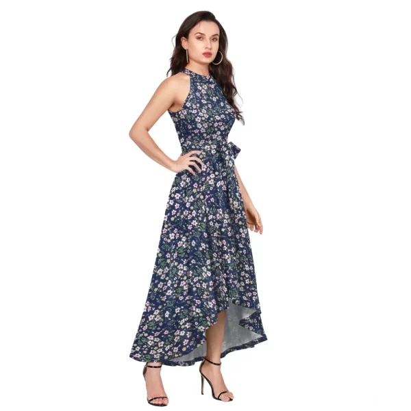 Women's Polyester Printed Halter Neck Sleeveless Dress (Blue)