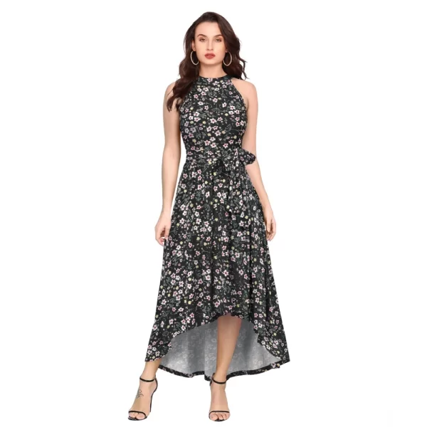 Women's Polyester Printed Halter Neck Sleeveless Dress (Black)