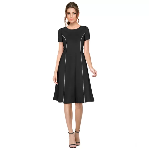 Women's Knitting stretchable Solid Round Neck Cap Sleeve Dress (Black)