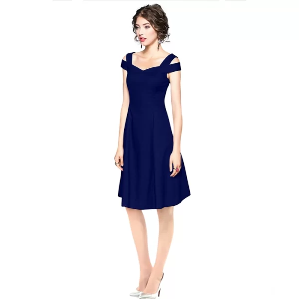 Women's Polyester Solid V Neck Cap Sleeve off Shoulder Dress (Blue)