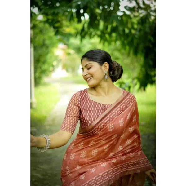 Women's Cotton Printed Saree With Unstitched Blouse (Orange, 5.5 Mtr)