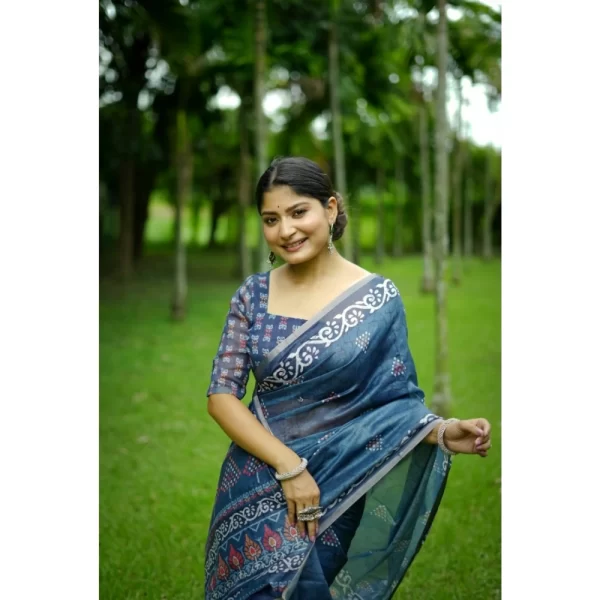Women's Cotton Printed Saree With Unstitched Blouse (Blue, 5.5 Mtr)