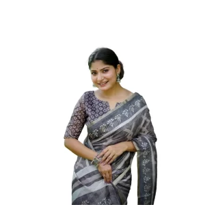 Women’s Cotton Printed Saree With Unstitched Blouse (Grey, 5.5 Mtr)