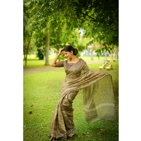 Women's Cotton Printed Saree With Unstitched Blouse (Green, 5.5 Mtr)