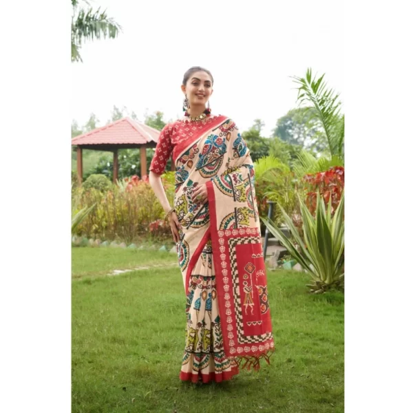 Women's Tussar Silk Printed Saree With Unstitched Blouse (Maroon, 5.5 Mtr)