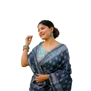 Women’s Cotton Printed Saree With Unstitched Blouse (Blue, 5.5 Mtr)