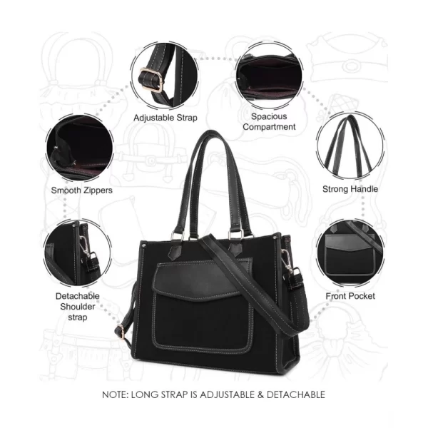 Women's Canvas Medium Top handle Satchel Zipper Handbag (Black)