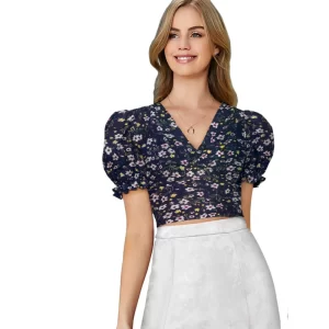 Generic Women’s Knitting Printed V-Neck Puff Sleeve Tops (Navy Blue)