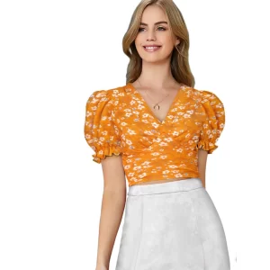Generic Women’s Knitting Printed V-Neck Puff Sleeve Tops (Yellow)