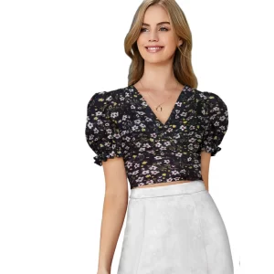 Generic Women’s Knitting Printed V-Neck Puff Sleeve Tops (Black)